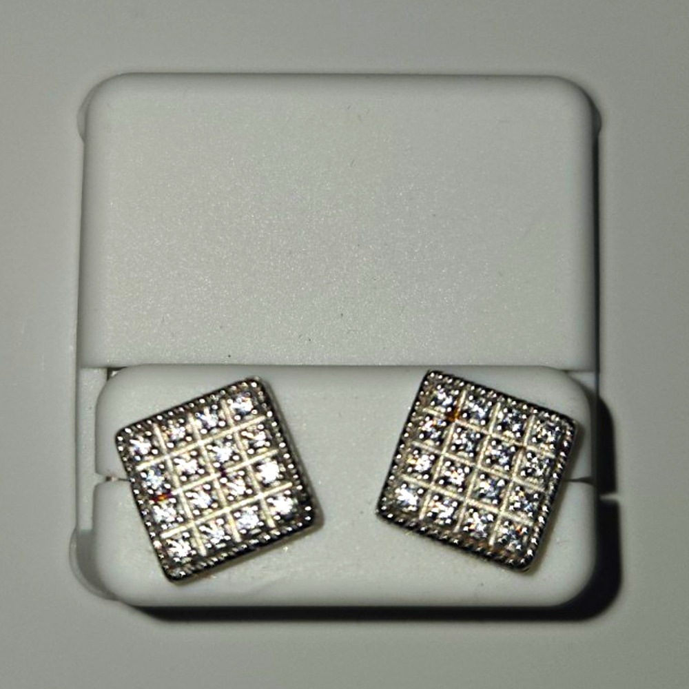 925 Sterling Silver Square Clear CZ Pave Stud Earrings Iced Cluster Unisex